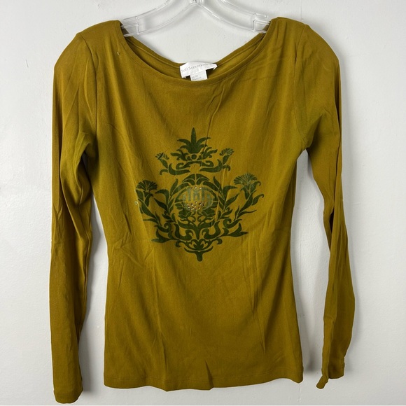 Soft Surroundings Y2K Mesh Mustard Long Sleeve Top with Green Velvet Design - Picture 1 of 5